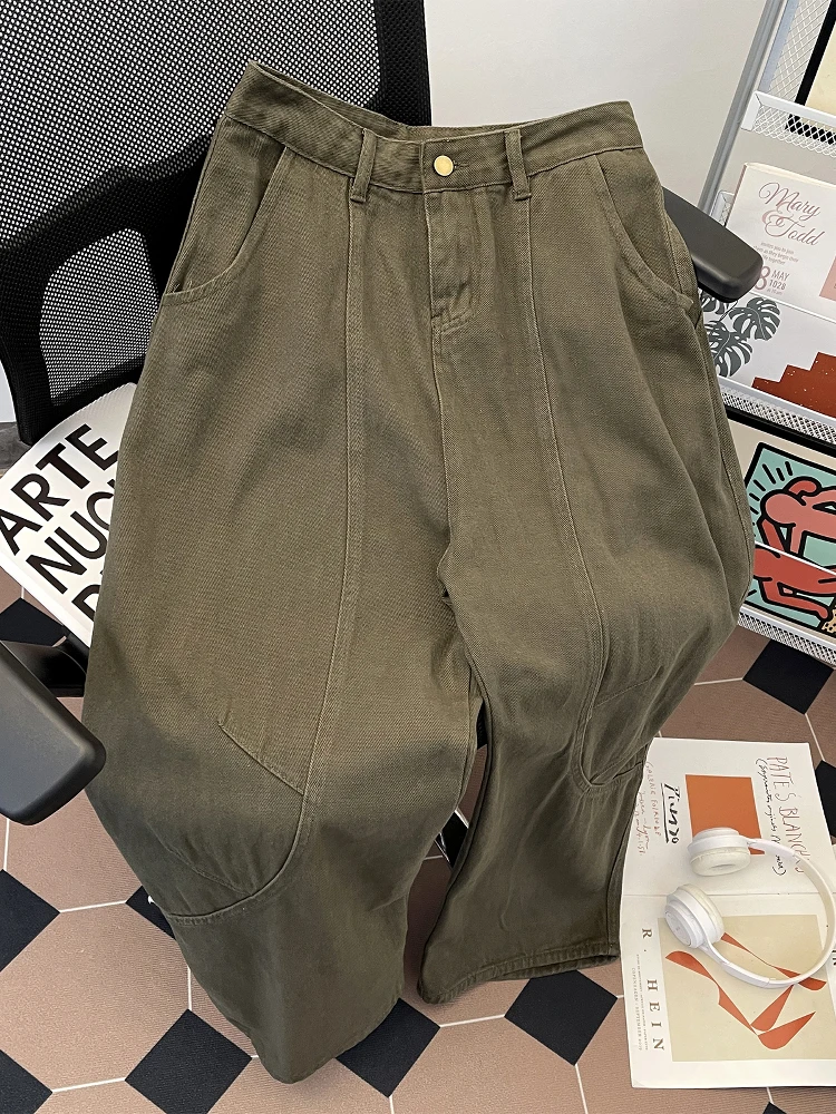 Men Splicing Loose Retro Jeans Spring Autumn Solid Color 100% Cotton Denim Pants American Casual Fashion Simple Male Trousers