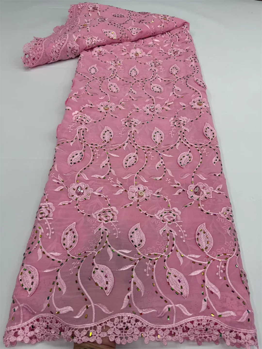 2025 High-Quality Africa Nigerian Sequins Cotton Embroidery Lace Fabric Tulle for Wedding Party Dress Chiffon 5 Yards