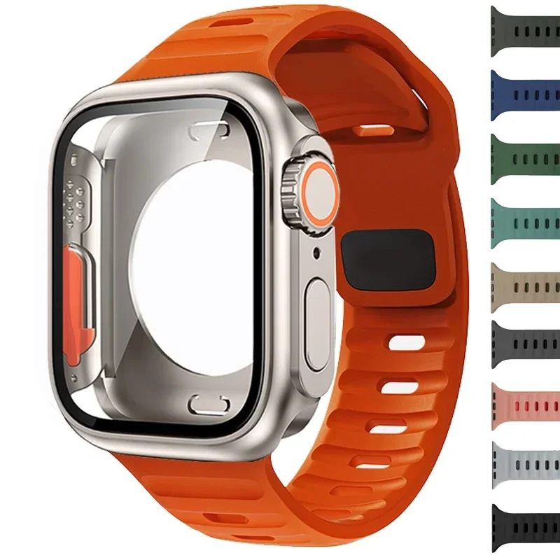 Case+Strap For Apple Watch Band 45mm 44mm 41mm 42 40mm Silicone Bracelet Iwatch Series 9 3 4 5 6 Se 7 8 Change To Ultra 2 Case