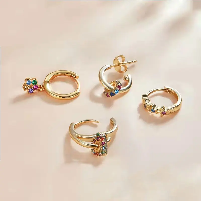 925 Sterling Silver Ear Needle Colorful Crystal Hoop Earrings for Women Luxury Heart/Round Pendant Earrings Fashion Jewelry