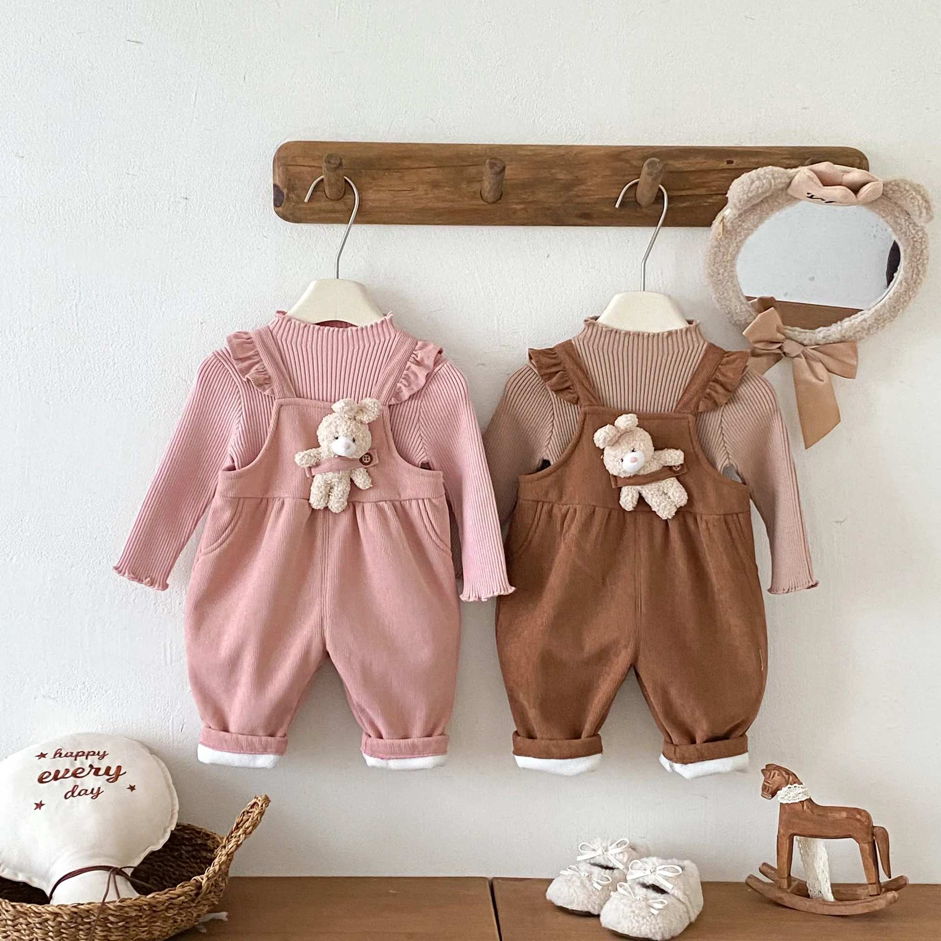 طفلة صوف مبطن وزرة 0-5Y لطيف الكرتون الأرنب ديكور كشكش حزام بذلة الاطفال شتاء دافئ سروال قصير قطعة واحدة