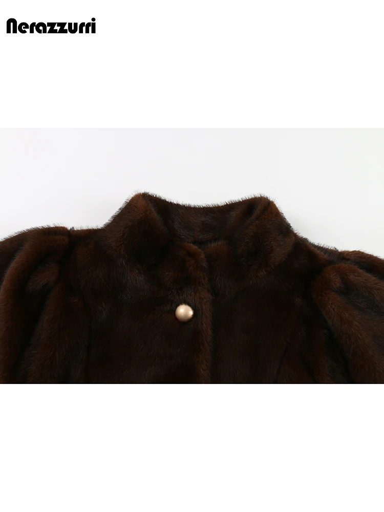 Nerazzurri Winter Long Thick Warm Soft Fluffy Brown Faux Mink Fur Coat Women Single Breasted Elegant Luxury Designer Clothes