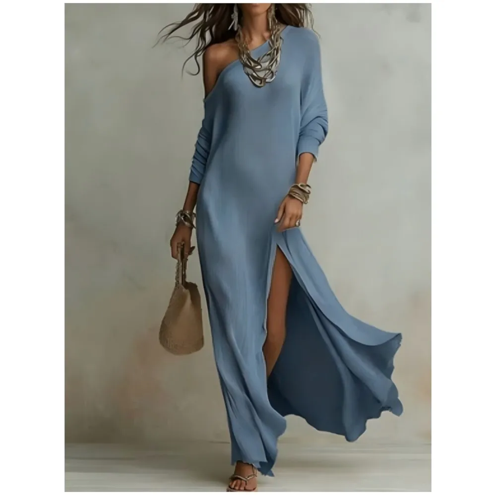 2026 Fashion Sexy Sloping Shoulder Women's Loose Dress Summer New Solid Color Elegant Slit Female Seaside Vacation Long Dresses