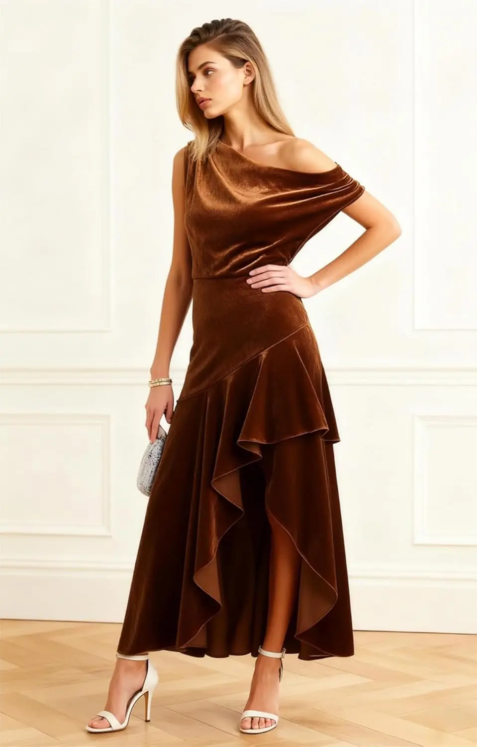 베시넬 맞춤형 원숄더 롱 벨벳 들러리 드레스 머메이드 슬릿 섹시 러플 웨딩 게스트 드레스