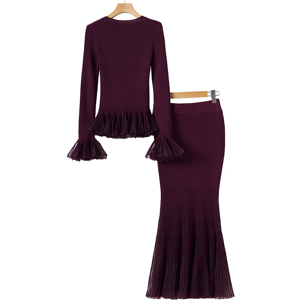 Lady Autumn Fashion Designed Tulle Patchwork Ruffles Suit O-neck Long Sleeve Pullover Tops Mermaid Long Skirt Women Knit 2pcs