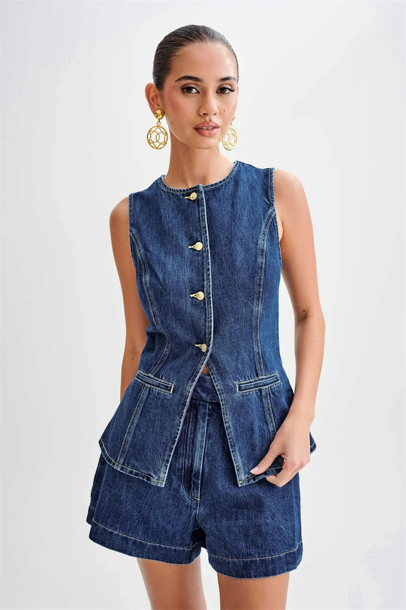 Women Vintage 2pcs Clothes Set 2024 Summer Fashion Casual Sleeveless Button Jacket High Waist Women\'s Suit Denim Shorts Pants