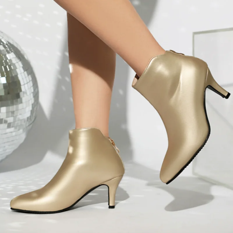 سيدة 48 الذهب الفضة الأحمر رقيقة الكعوب 6 سنتيمتر حذاء من الجلد قصيرة الشتاء الربيع موضة بوتاس الصلبة النمط البريطاني بولي Leather الجلود عودة سستة #5