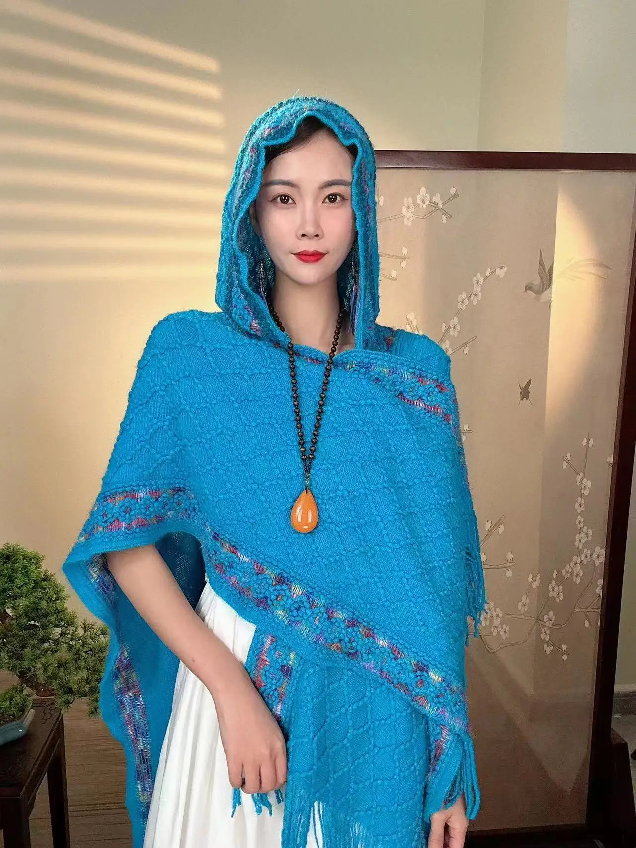 

Poncho Cloak New Travel Hat Knitted Shawl Versatile Western Fashion Ethnic Women's Shawl Lady shopping Coat Capes Blue