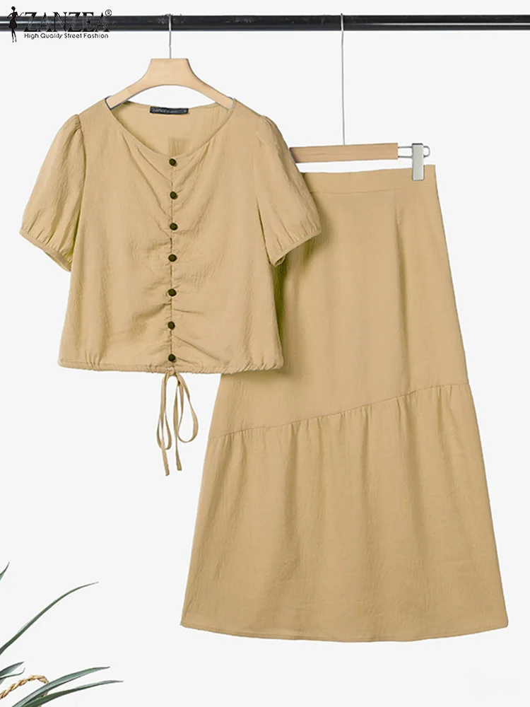 

ZANZEA 2025 Elegant Dress Sets Women Summer Short Sleeve Tops and Long Skirts Fashion Two-piece Outfits Solid Casual Loose 2pcs