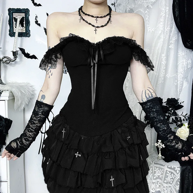 Goth Dark Streetwear Hot Sweet Lace Patchwork Straps Corset Tops Mall Gothic Lace-up Zip Skinny Tank Top for Women Y2K Blouses