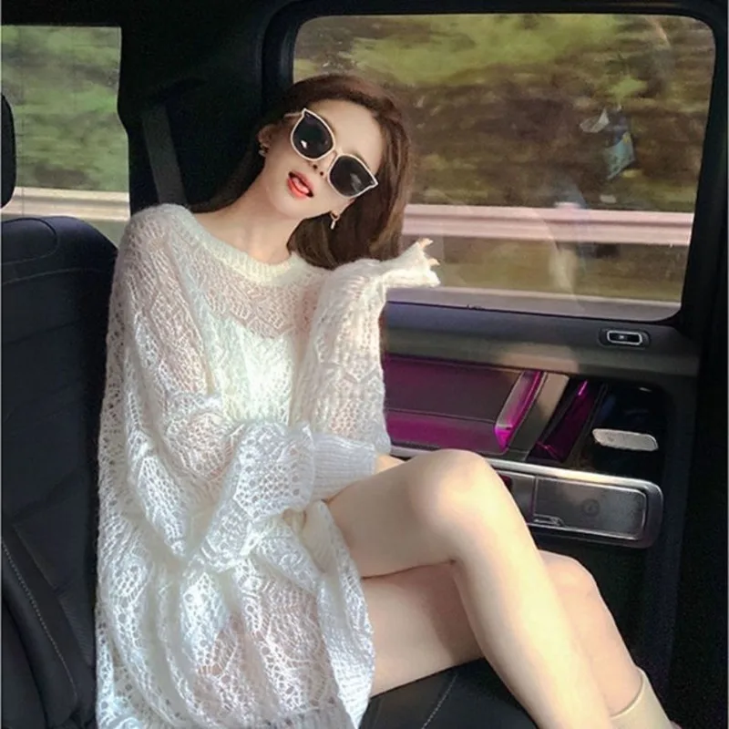 

2024 korean Style ripped Hole Loose Design Hollow Long-sleeved Knitted Sweater Women's Top Pullover Sweaters pull femme N25