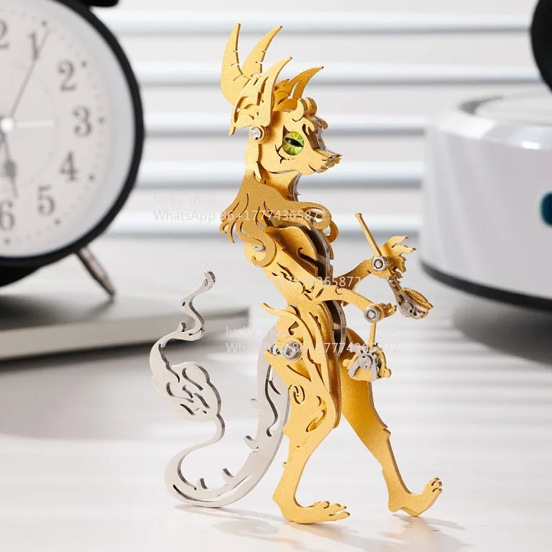 Mechanical Metal Cat Elder Figurine, Pipe & Book Design Hand Assembly Model, Creative Desktop Art Ornament Gift
