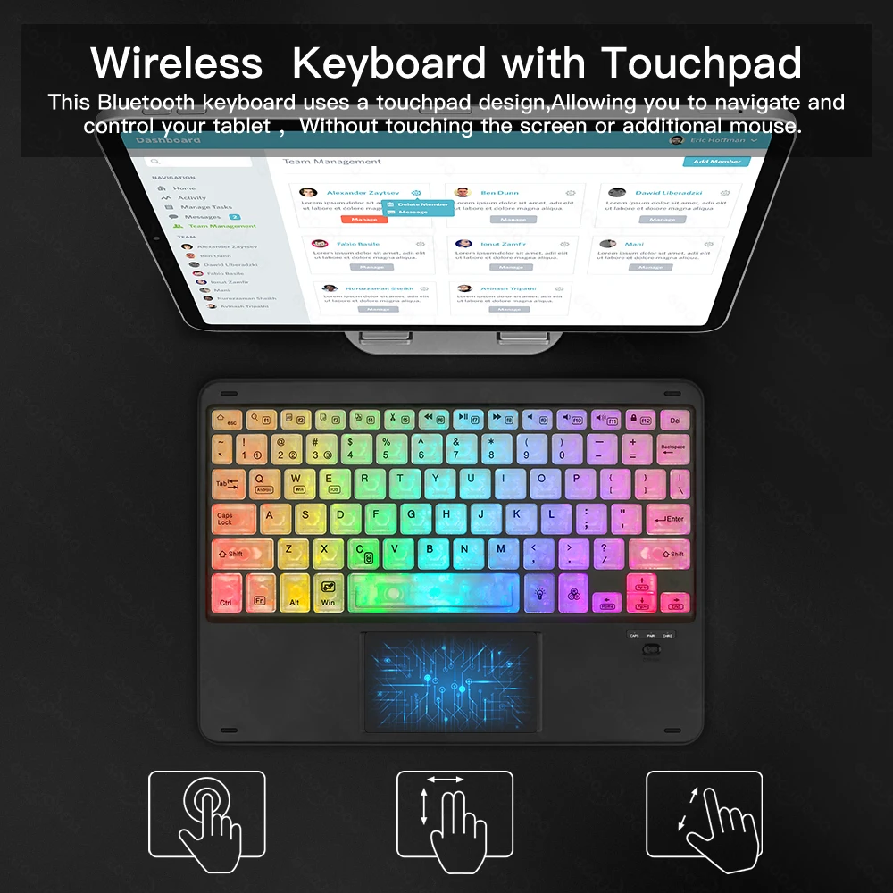 Teclado Bluetooth sem fio retroiluminado arco-íris RGB com touchpad para iPad IOS Android Windows com botões transparentes