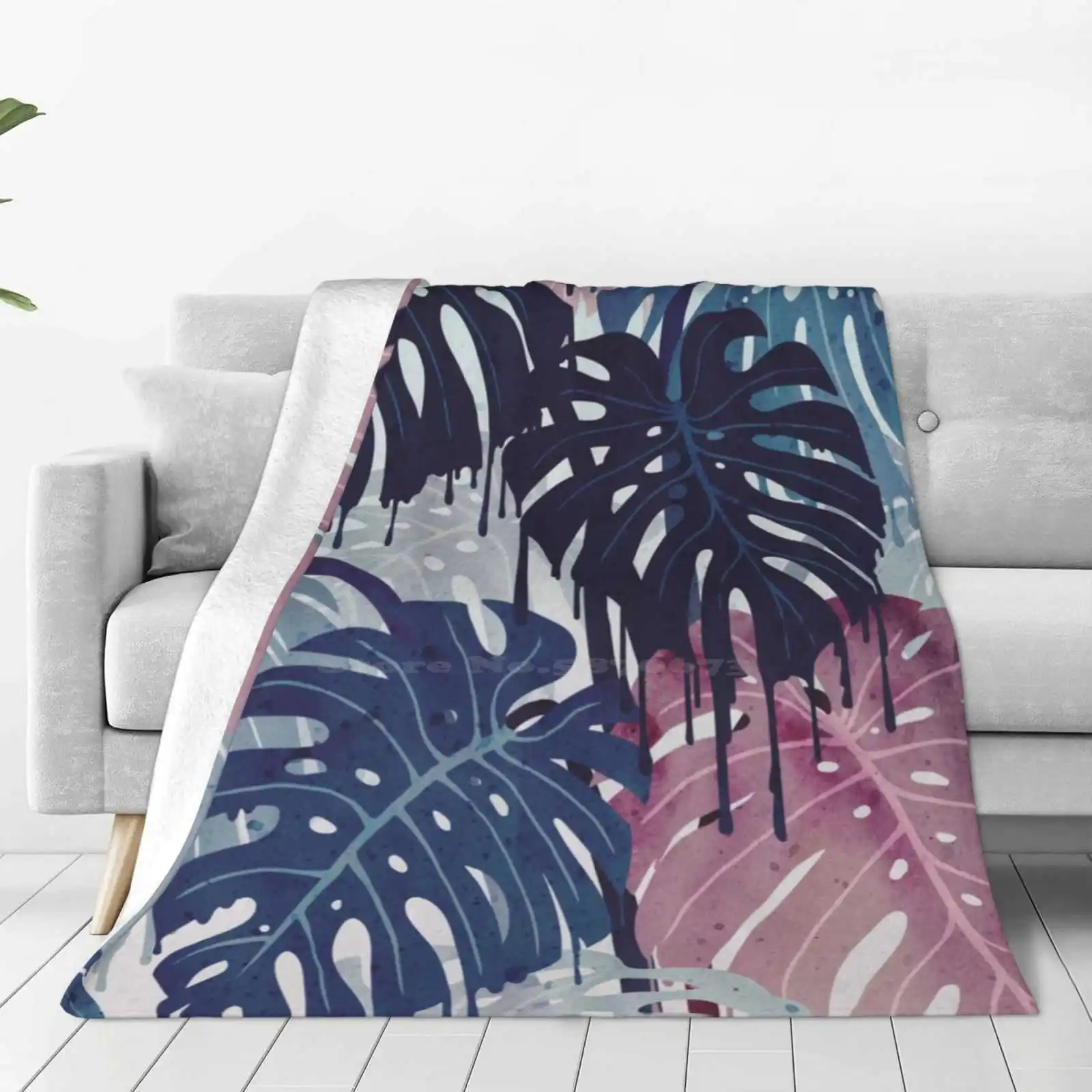 Monstera Melt Four Seasons Comfortable Warm Soft Throw Blanket Monstera Tropic Leaves Plants Aloha Melt Surreal Blue Pink