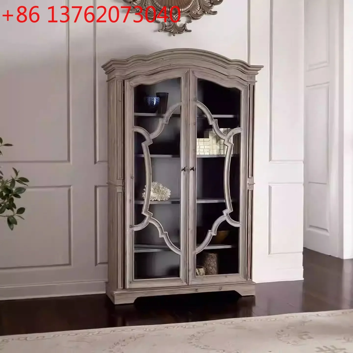 American solid wood double door glass wine cabinet French restaurant retro carved wall integrated side cabinet
