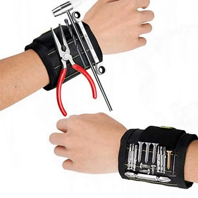 Wrist tool holder with strong magnet wristband. Magnetic wristband is used to fix screws, drill bits, and suction tools