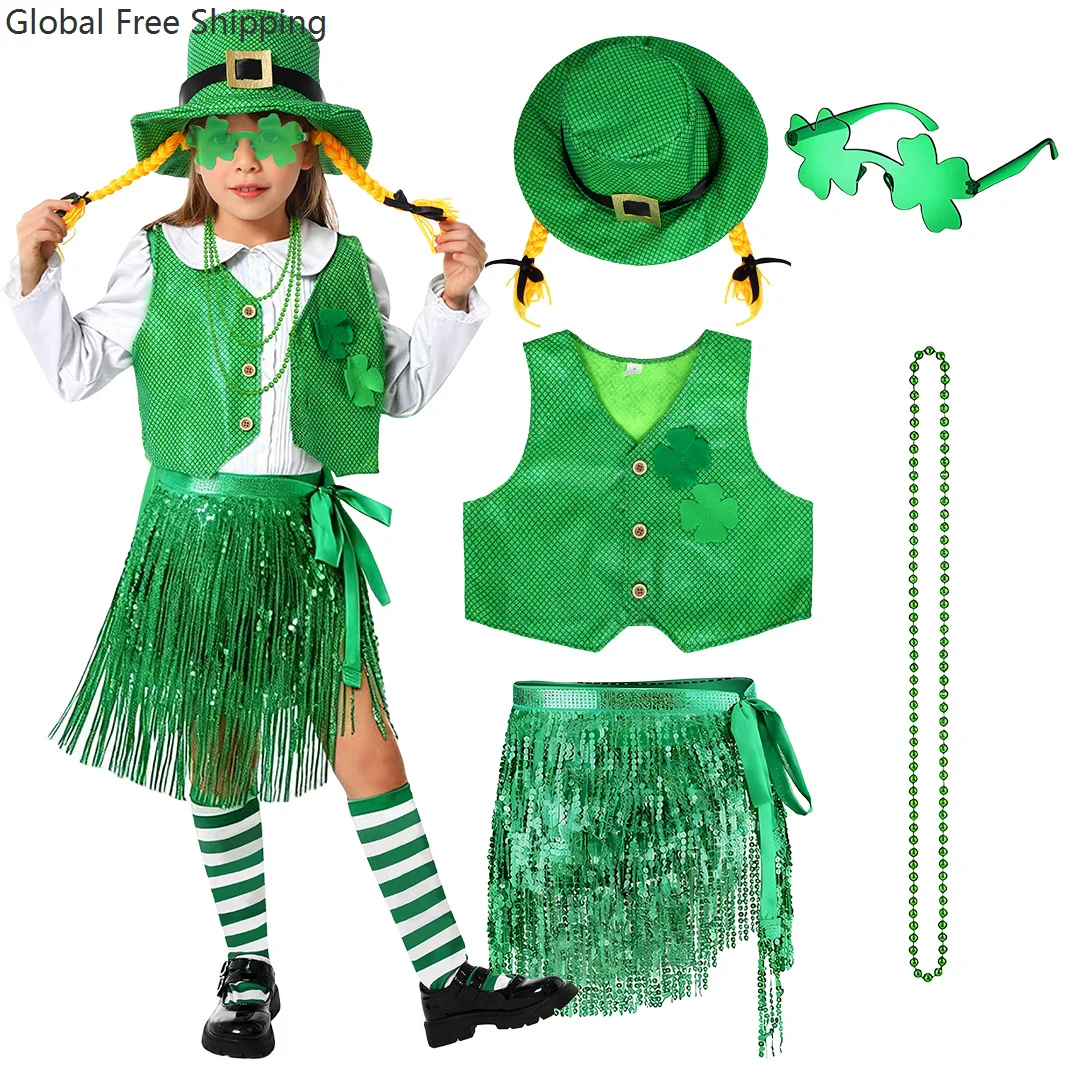 

St. Patrick's Day Children Girls Performance Vest Sequin Skirt Suit Irish Four-leaf Clover Role Play Boys Performance Costume