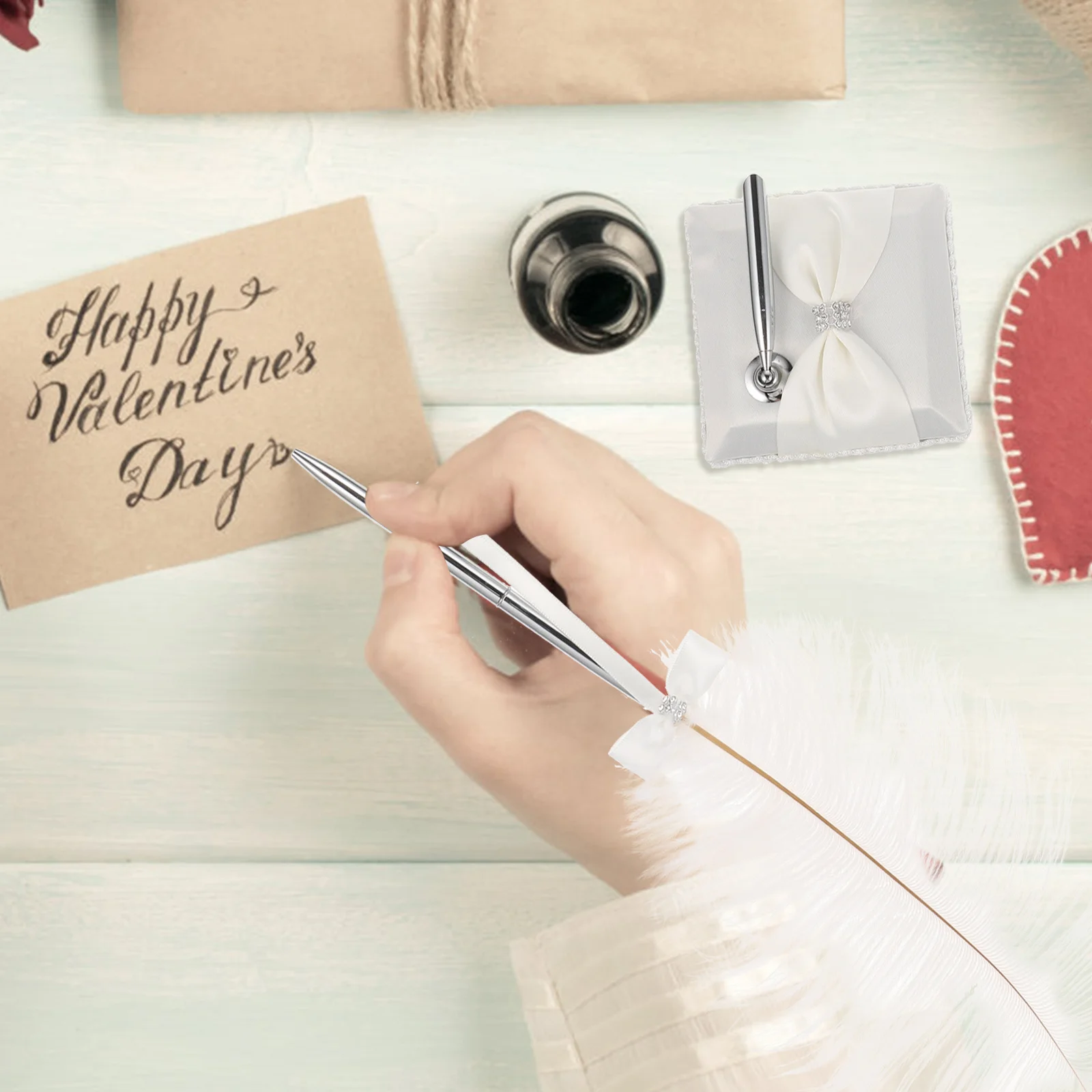 

Wedding Bridal Ostrich Signing Pen White Black Ink Rhinestone Pen Holder 360 Degree Rotation Guest Book Accessory