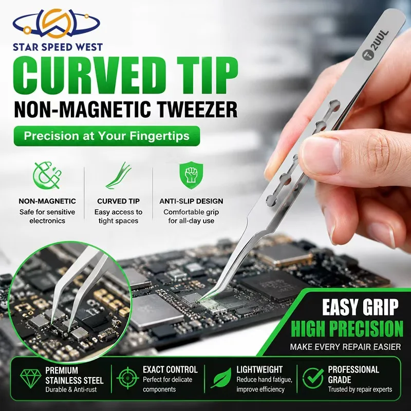 2UUL TW23 Curved Tip Non Magnetic Daily Tweezer High Precision Anti Slip Grip Tool for Phone Repair CPU Chip Clamping Hand Tool