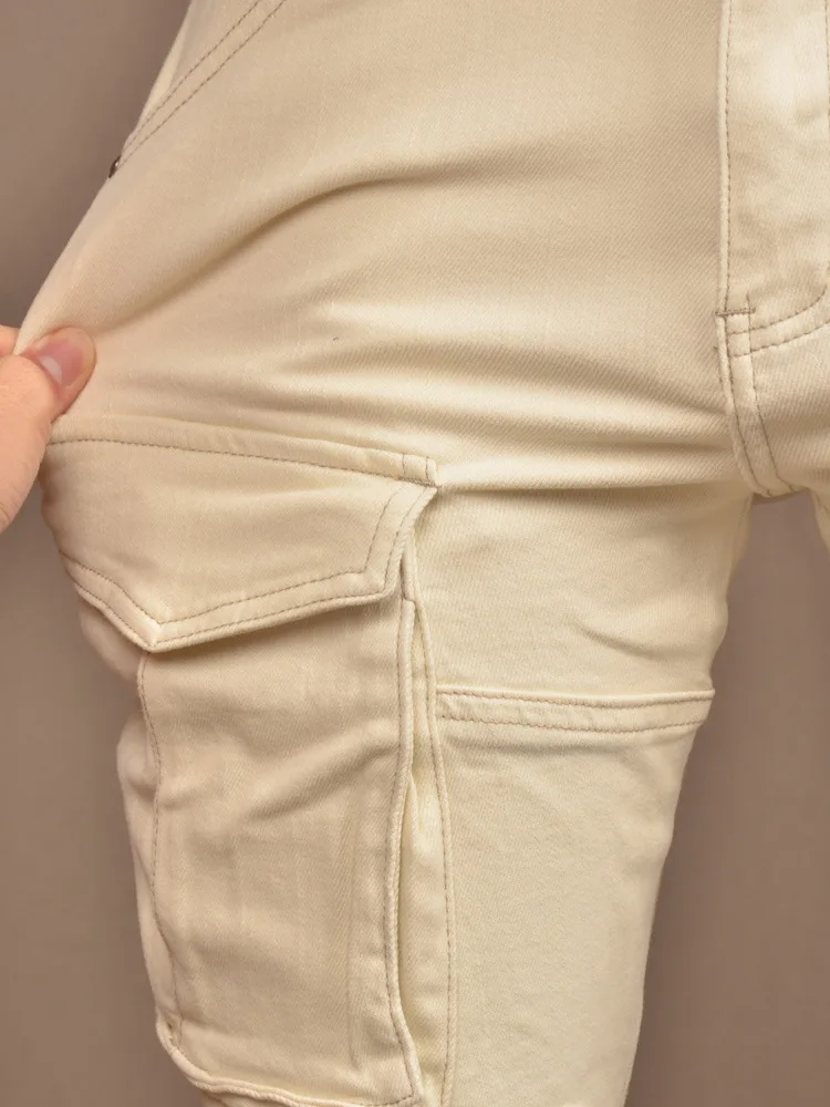 Beige Retro Patchwork Jeans Men's Multi-Pocket Design High-End Stretch Slim Street Leisure Cargo Motorcycle Pants