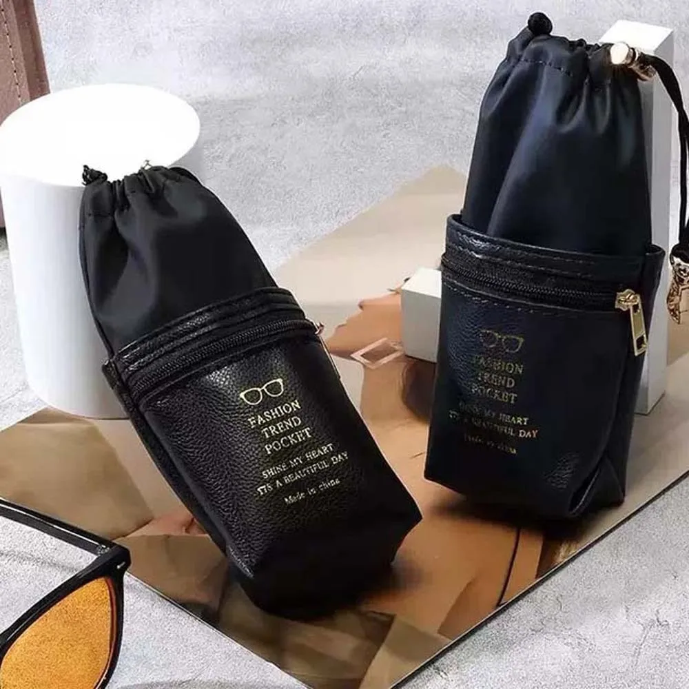 Portable Drawstring Glasses Organizer Large Capacity Double-layer Eyewear Storage Bag with Key Ring Leather