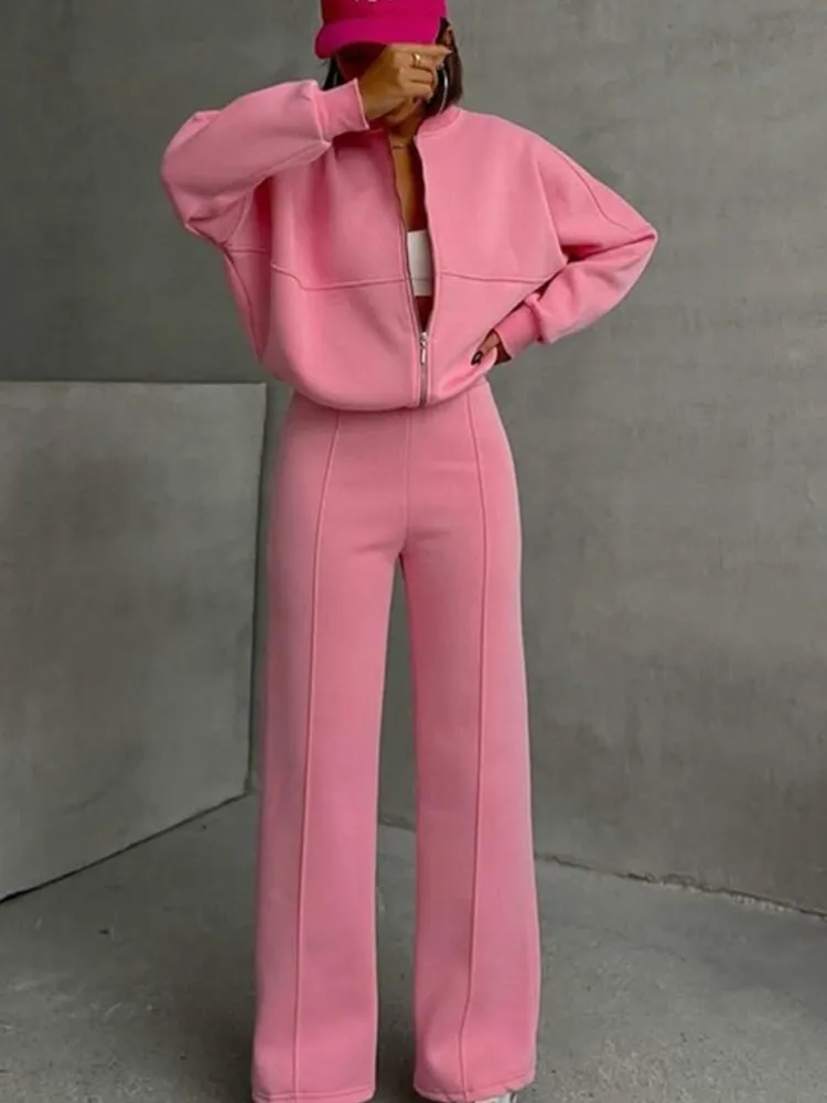 Frauen Sweatsuit Set Vintage Oansatz Zipper Bomber Jacken Hohe Taille Lose Hosen Anzug Weiblichen Frühjahr Neue Mode Dame Sportswear