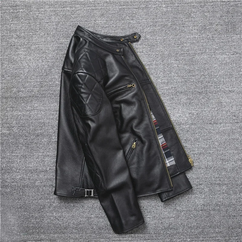 YR!Free shipping.Classic motor rider leather jacket.quality cheap cowhide coat.brand new black slim clothes,men