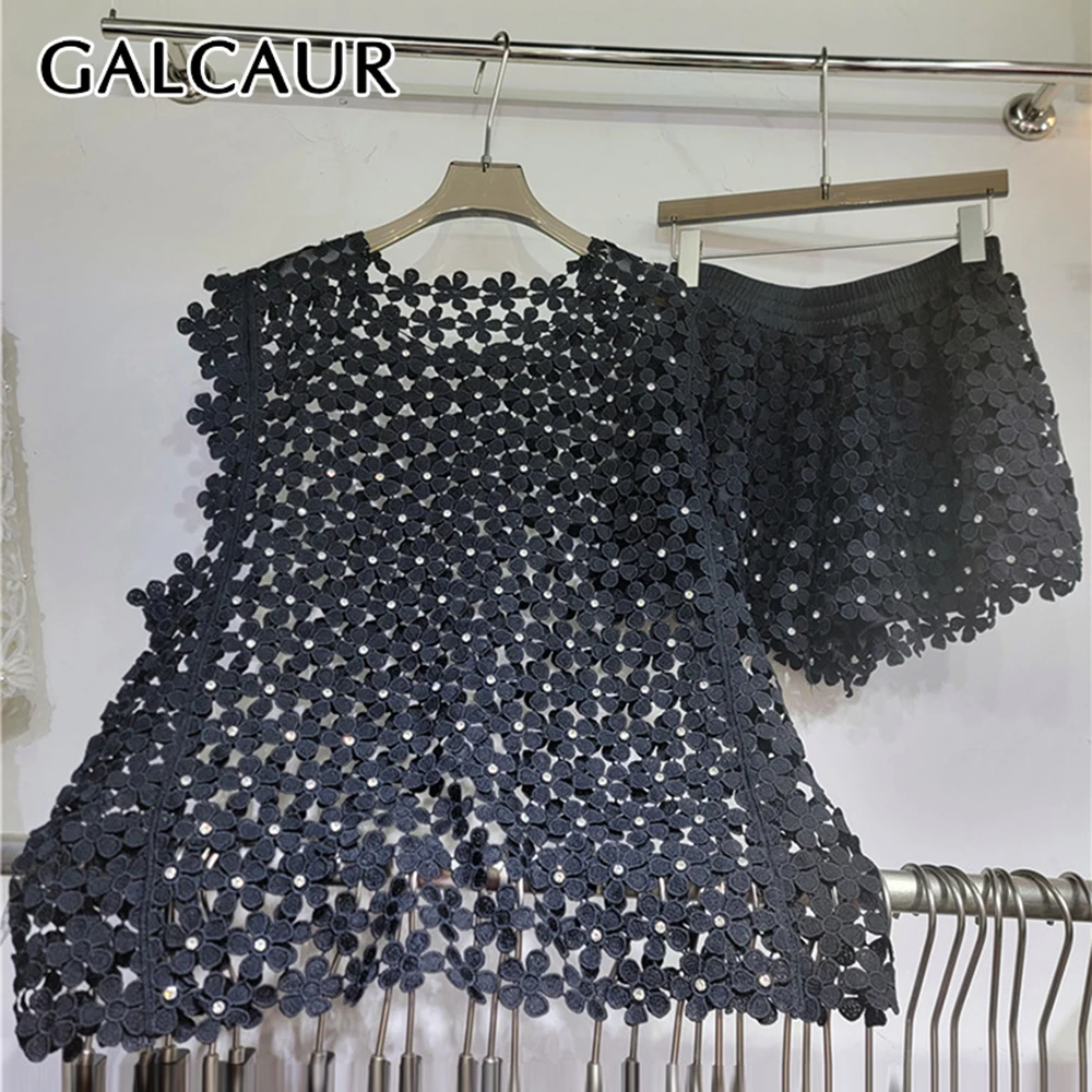 

GALCAUR Solid Loose Spliced Hollow Out Two Piece Set for Women Round Neck Sleeveless Patchwork Elastic Waist Short Set Female