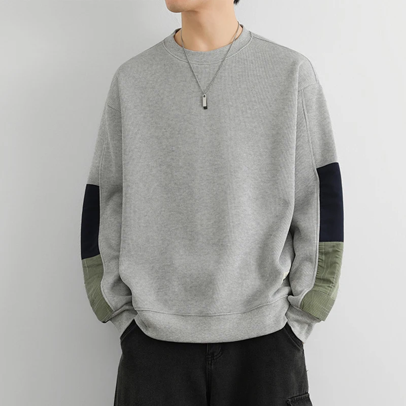 IEFB Korean Style Men's Sweatshirts Round Collar Patchwork Fleece-lined Thickened Contrast Color Male Pullover Clothing 9C8496