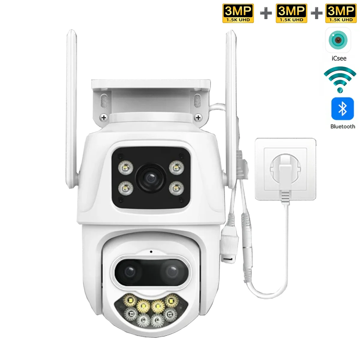

ICSEE Triple Lens Security Camera 9MP, 355° Pan 90° Tilt, 8X Digital Zoom, IP65 Weatherproof, NVR/Cloud/SD Storage