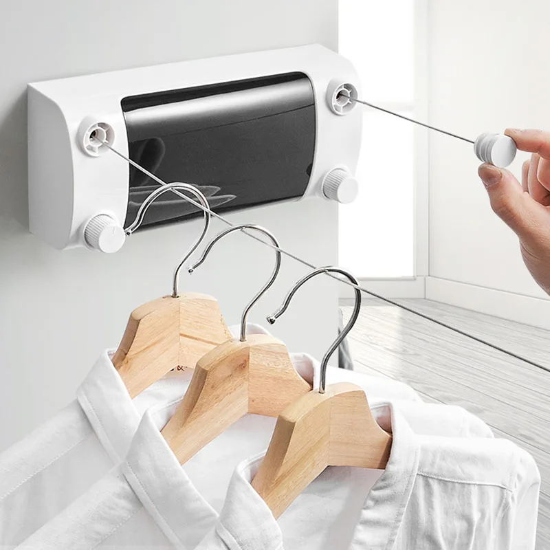 Clothes Line Dryer Bathroom Accessories Hole-Free Double-Line Clothesline Balcony Hidden Scalable Clotheshorses 304 Wire Rope