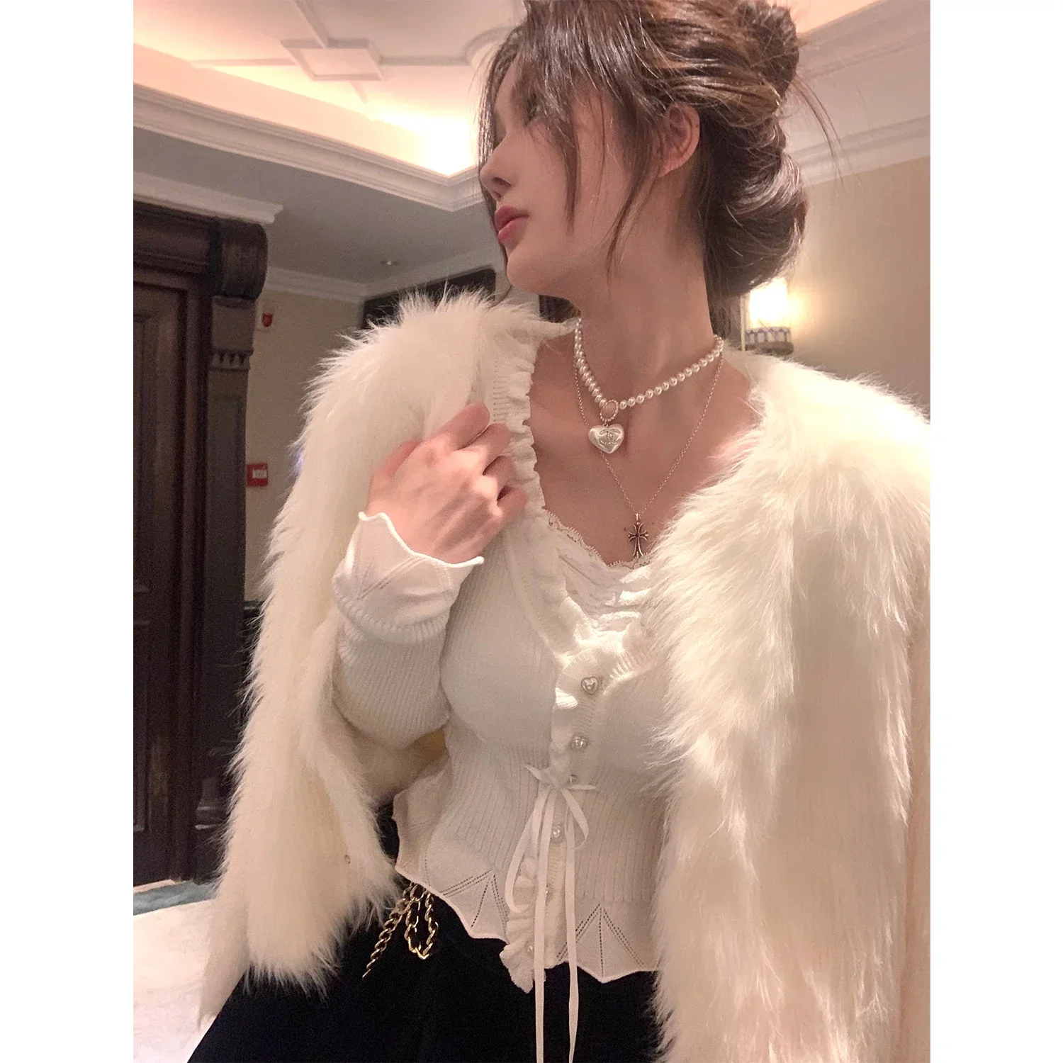 Cropped Cardigan 2024 Women Clothes Sweet Ruffles White Sueter V-neck Long Sleeve Tunic Pull Femme Drawstring Knit Sweater Tops