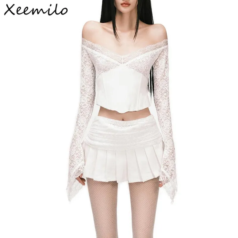 WhereMery 2023 French Lace Stitching Fairy Outfits Sexy Slash-neck Long Sleeve Skinny Crop Tops With Party Pleated Mini Skirts