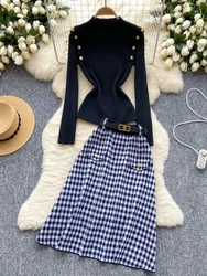 Autumn Winter Sweater Two Piece Sets Women Slim Long Sleeve Knit Sweater Top+high Waisted A-line Plaid Skirt Vintage Suits