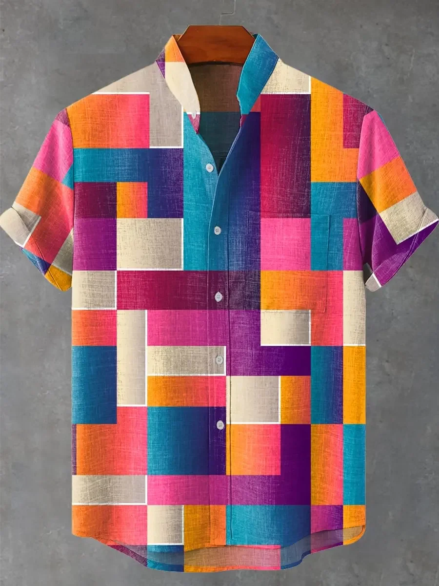 Fashionable new casual men's comfortable and fashionable loose printed shirt, casual linen button breathable fashionable top