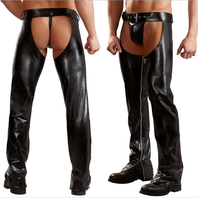 Pantalones de vaquero Wetlook con tangas para hombre, pantalones de cuero con mangas, Sexy, sin trasero, Chap, pantalones de Moto, trajes geniales,