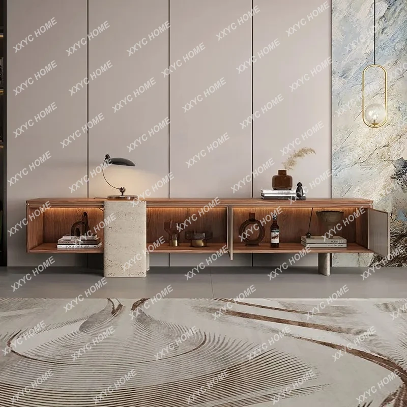 A  minimalist walnut TV cabinet high Nordic light luxury marble TV cabinet