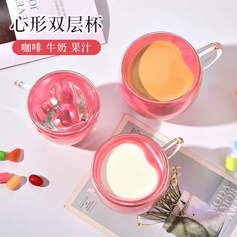 

Simple double-layer high-value glass with handle couple gift love high borosilicate milk juice cup household cup