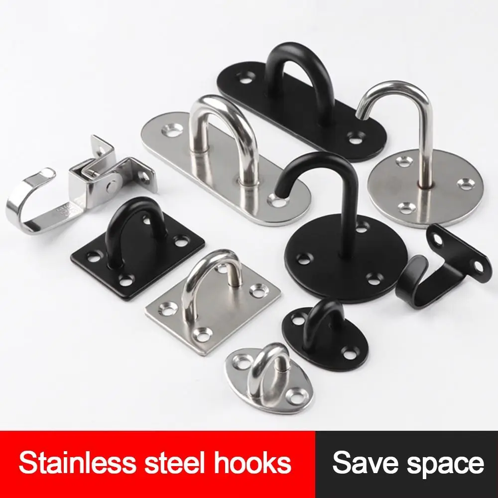 1Pcs Durable Pad Eye Wall Hook U/J-Shaped Stainless Steel Ceiling Mount Hanger Plate Deck Black Silver Door Buckle for Fan Lamp