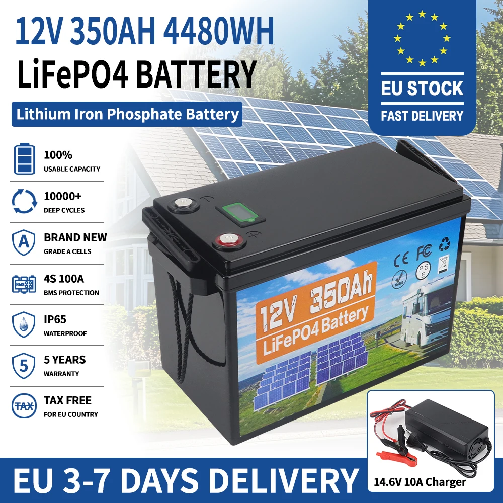 12V 350Ah LiFePO4 Lithium-Batterie, Deep-Cycle RV LiFePO4-Batterie mit Niedertemperaturschutz, 100A BMS, 4480Wh, max. 10.000 Zyklen, 5 Jahre Lebensdauer für Wohnmobile, Solaranlagen, Trolling-Motoren