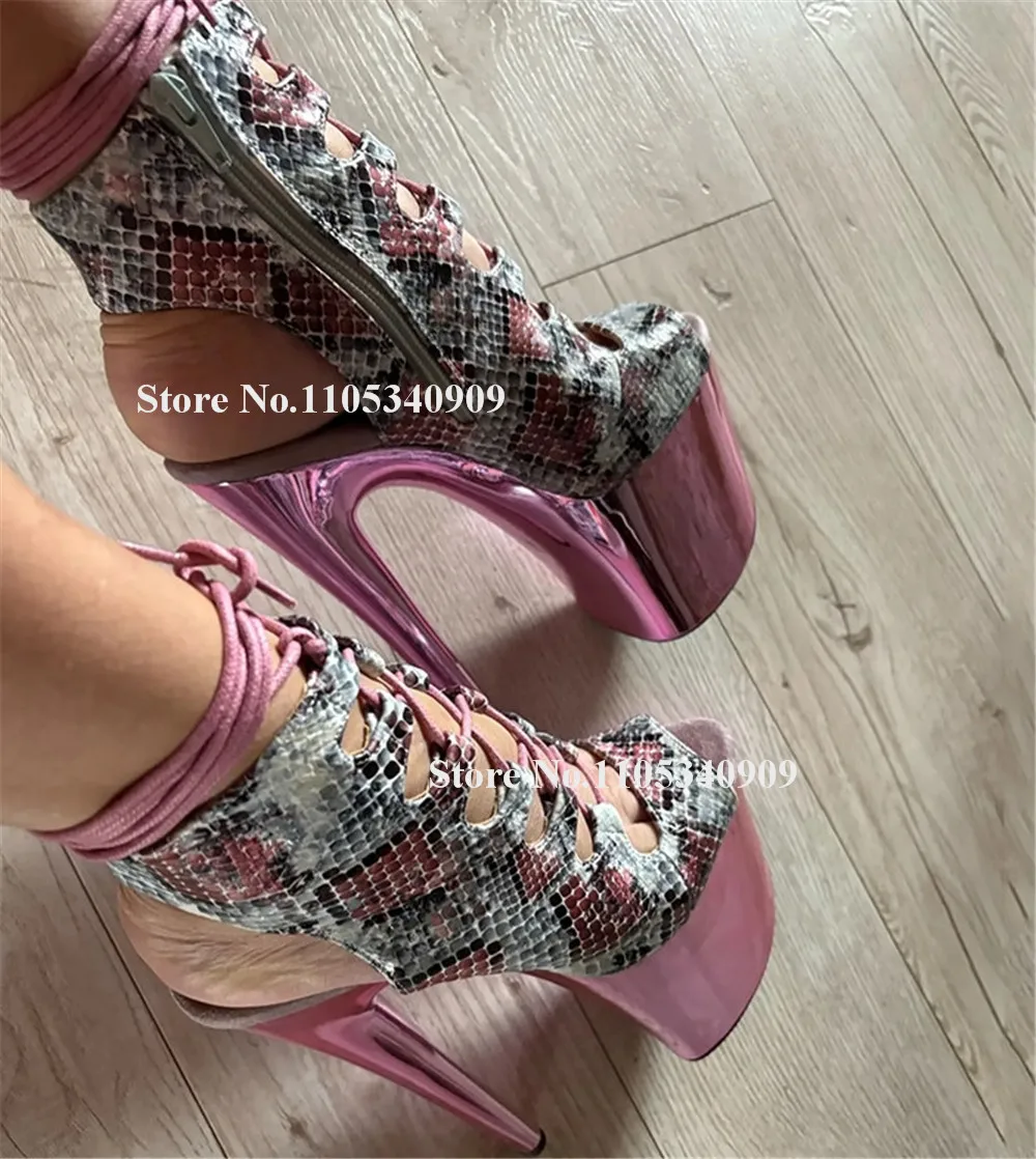 Bondarenko Snakeskin Leather Patchwork Pink Patent Leather Thin Heel Short Boots Peep Toe Cut-out High Platform 20cm Dance Shoes