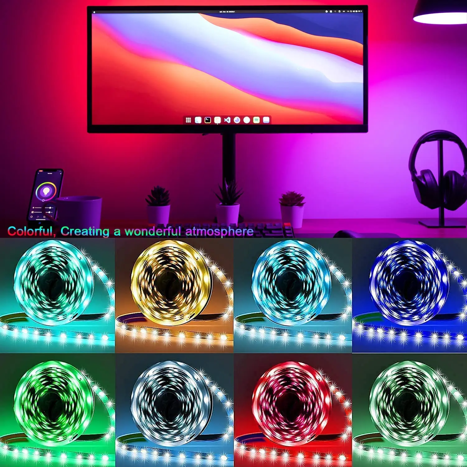 TV Backlight Monitor Display Background Tape Light USB RGB LED Strip Light With Bluetooth APP Sound Countrol 32inch-75inch TV