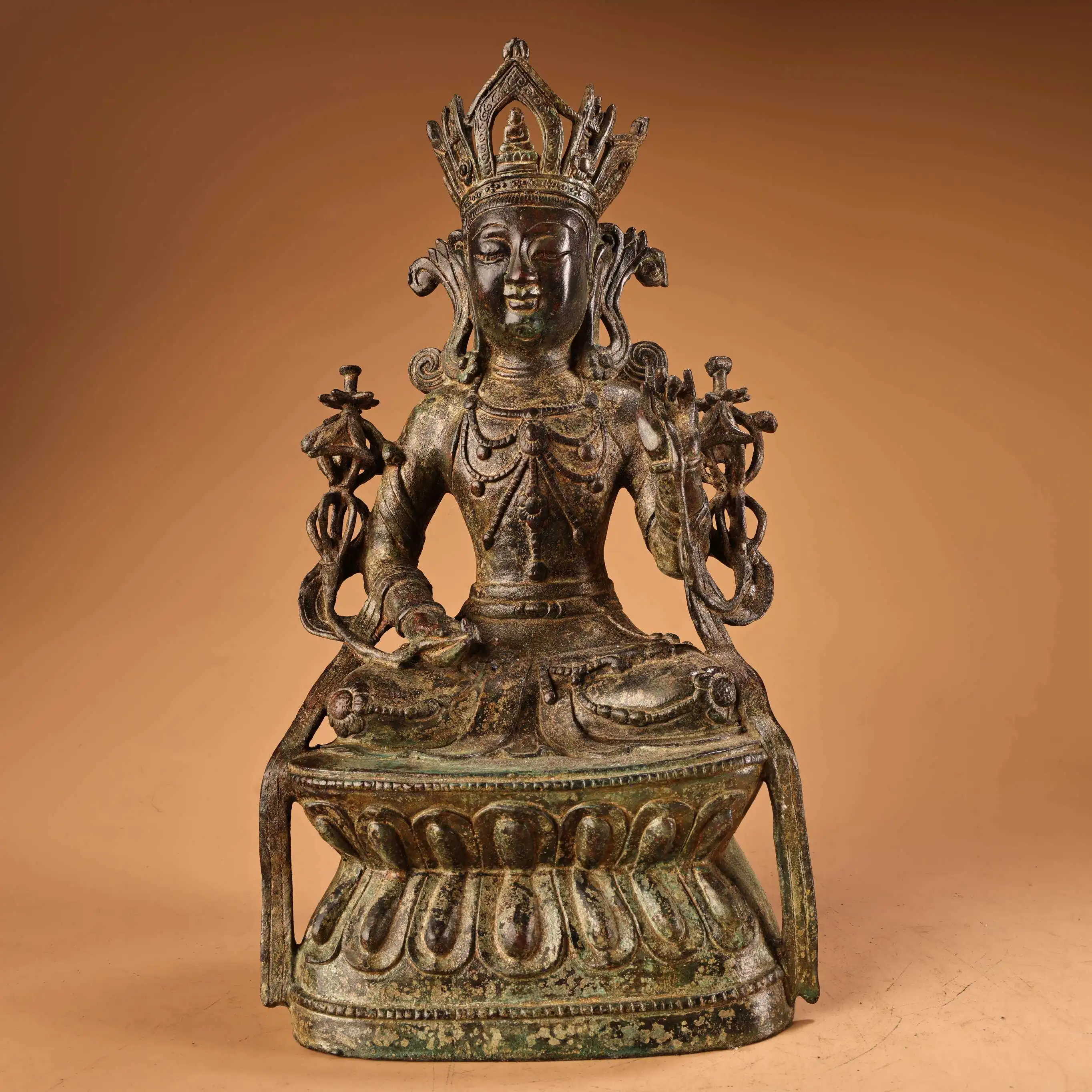 Tibetan Green Tara Copper Statue Gilt Craft Palace Style Home Decor Collectible Figurine
