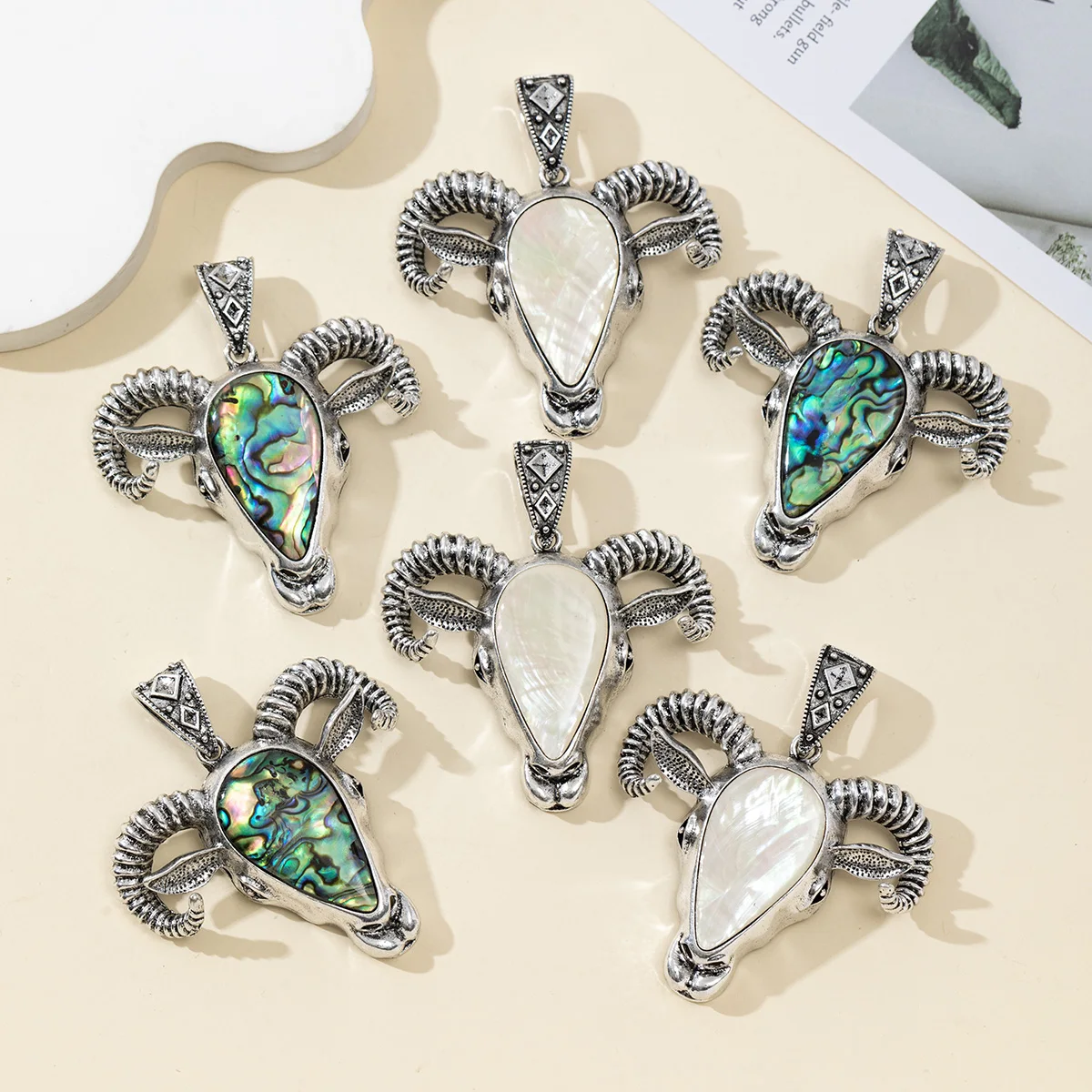 Colgante de cabeza de oveja para hombre, 1 unidad, 59x48mm, concha Natural, abalorios de concha de abulón para fabricación de joyería, suministros DIY, accesorios para collar de mujer