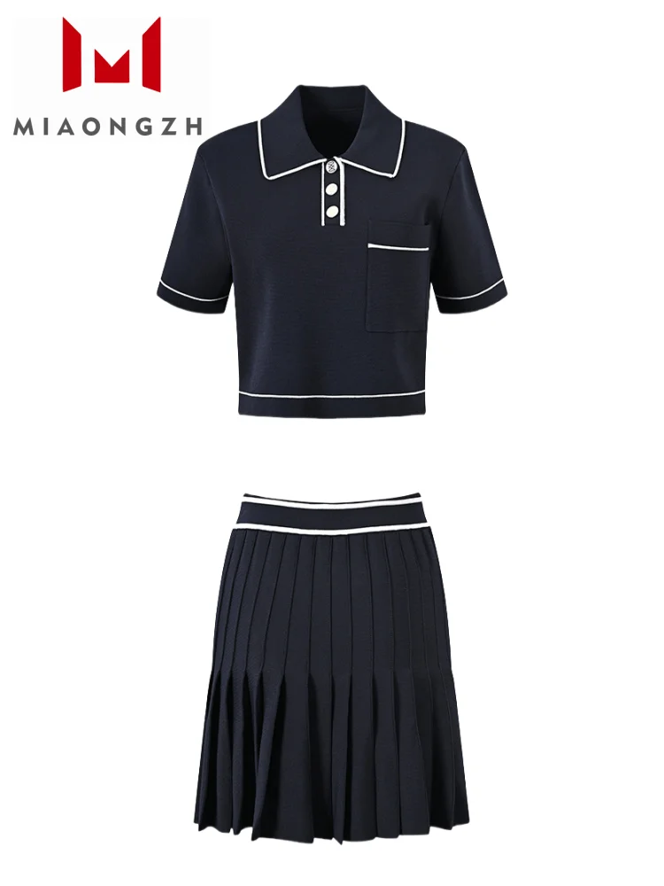 

French Style New Two Piece Set Turn Down Collar Short Sleeve Top or High Waist Casual Pleated Skirt Ladies Fashion Suit 2025 New