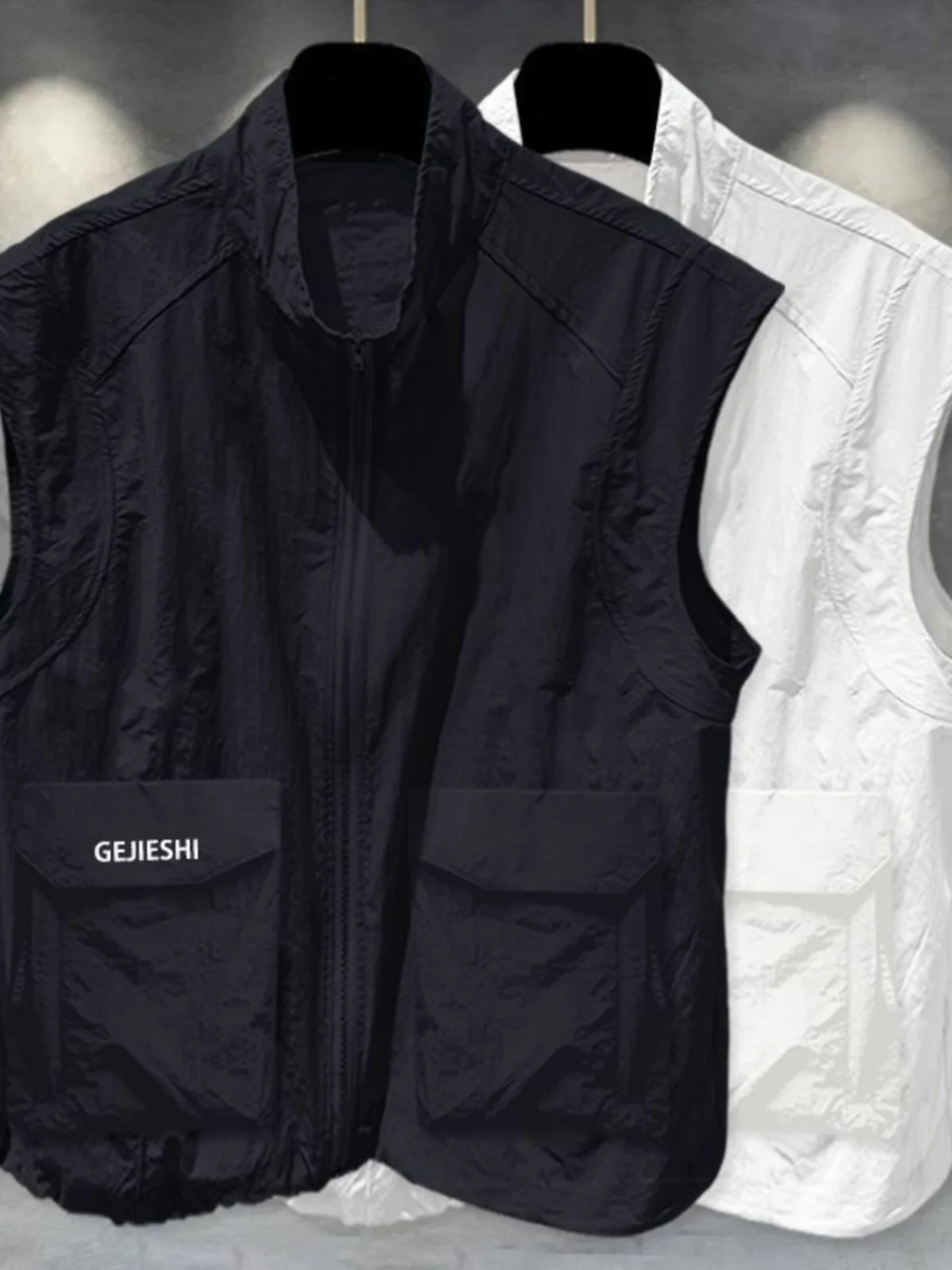 Quick Dry Lightweight Men's Vest Summer Sport Casual Multi-Pocket Jacket Stand Collar Shoulder Pad Workwear Outerwear