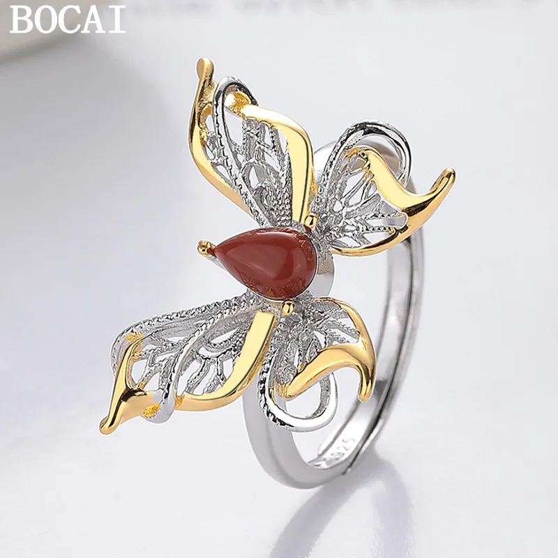 

BOCAI NEW S925 Silver Fashionable And Simple Inlaid With Southern Red Hollowed Out Butterfly Open Ring