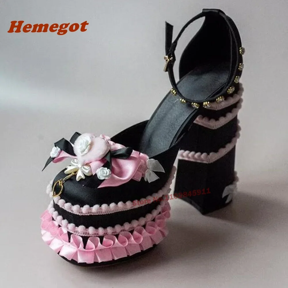 Spicy Girls Platform Chunky Heels Sandals Round Toe Lace Satin Pleated Edge Color-Matching Buckle Women\'s Sandals Lolita Sexy