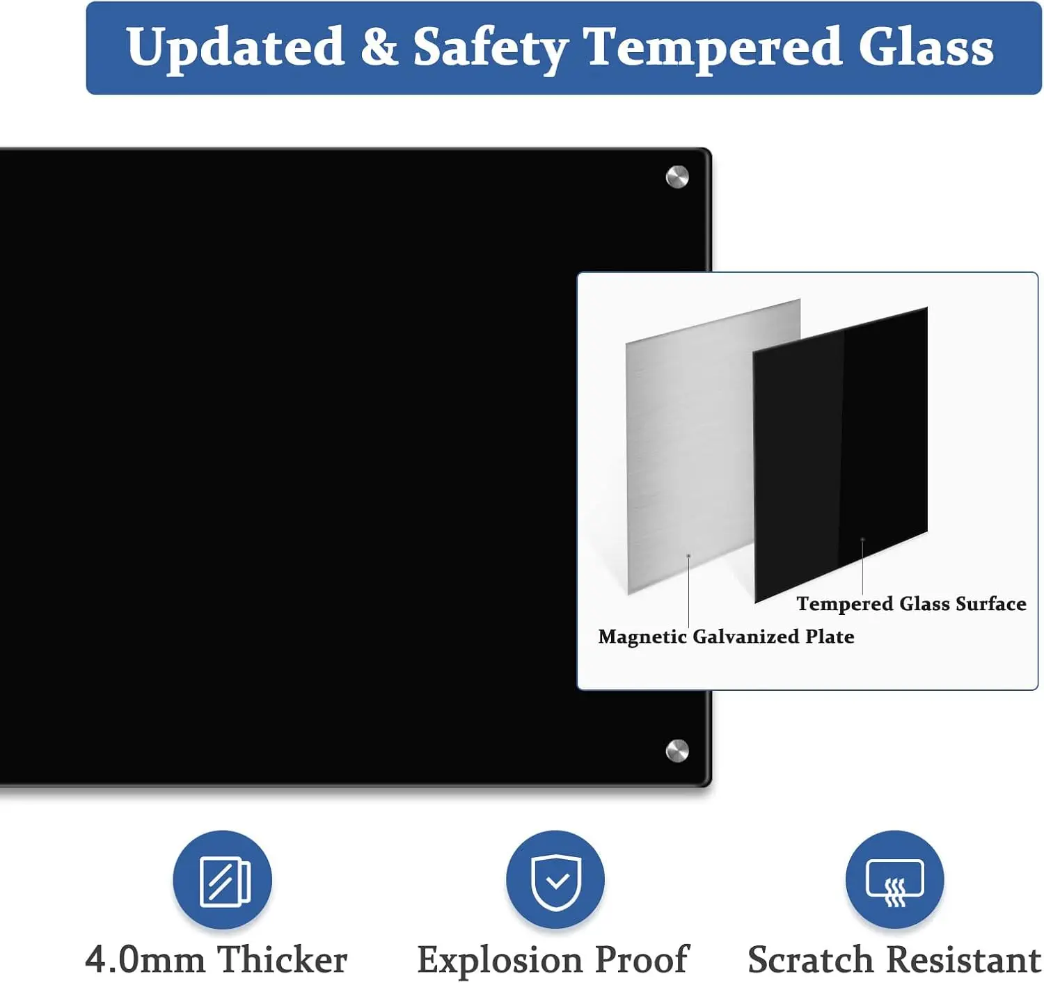 Placa magnética de vidro preto de 36 x 24 polegadas com bandeja de caneta e ímãs para escritório, escola e casa