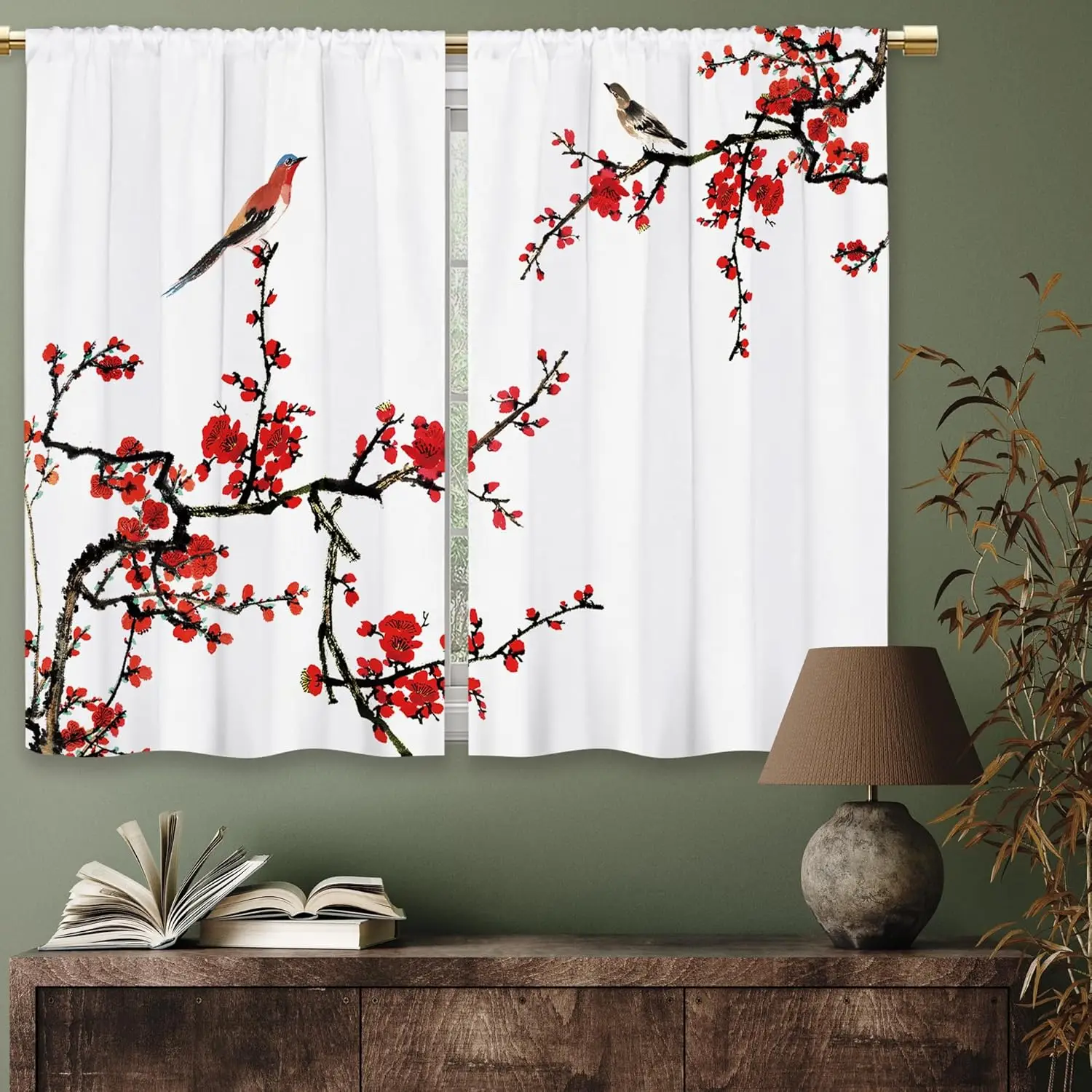 

Red Floral Cherry Kitchen Curtains Flower Small Short Cafe Window Curtains Blossom Asian Japanese Plum Aesthetic Pocket Bathroom